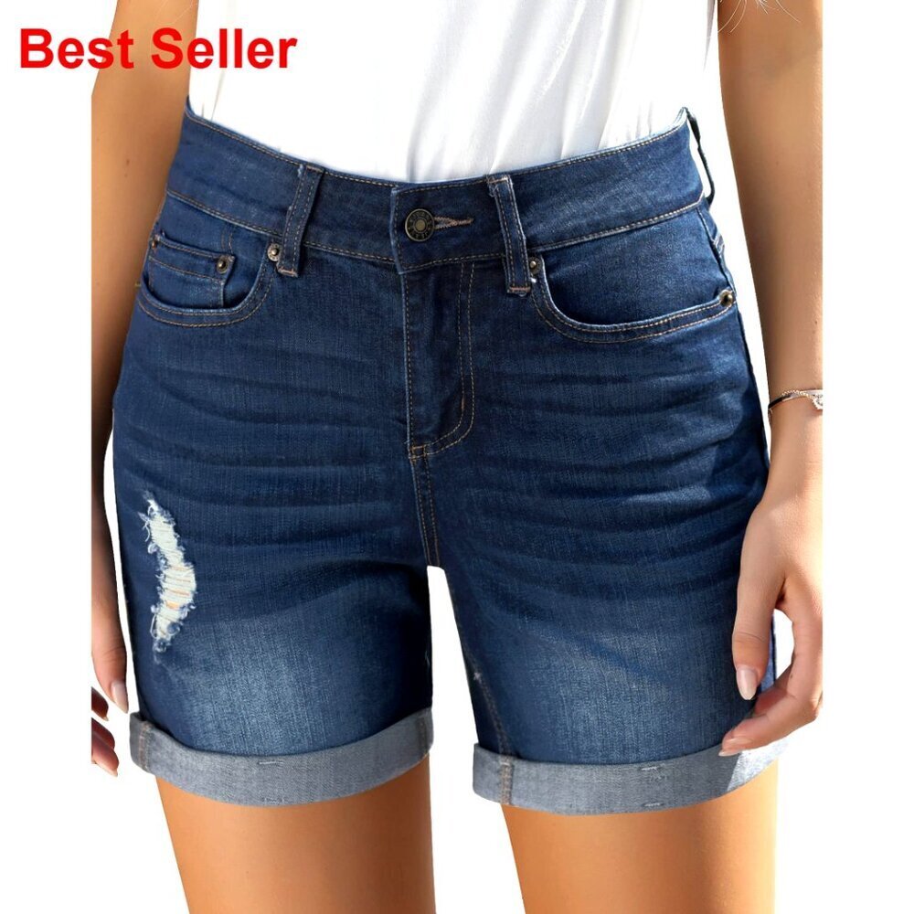 High Waisted Distressed Denim Shorts Folded Hem Stretch Casual